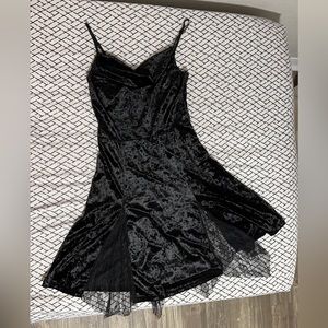 Lace insert asymmetrical Hem Velvet spaghetti strap cami dress